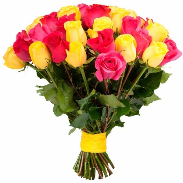 картинка Букет из желтых и розовых роз с атласной лентой от магазина daflor